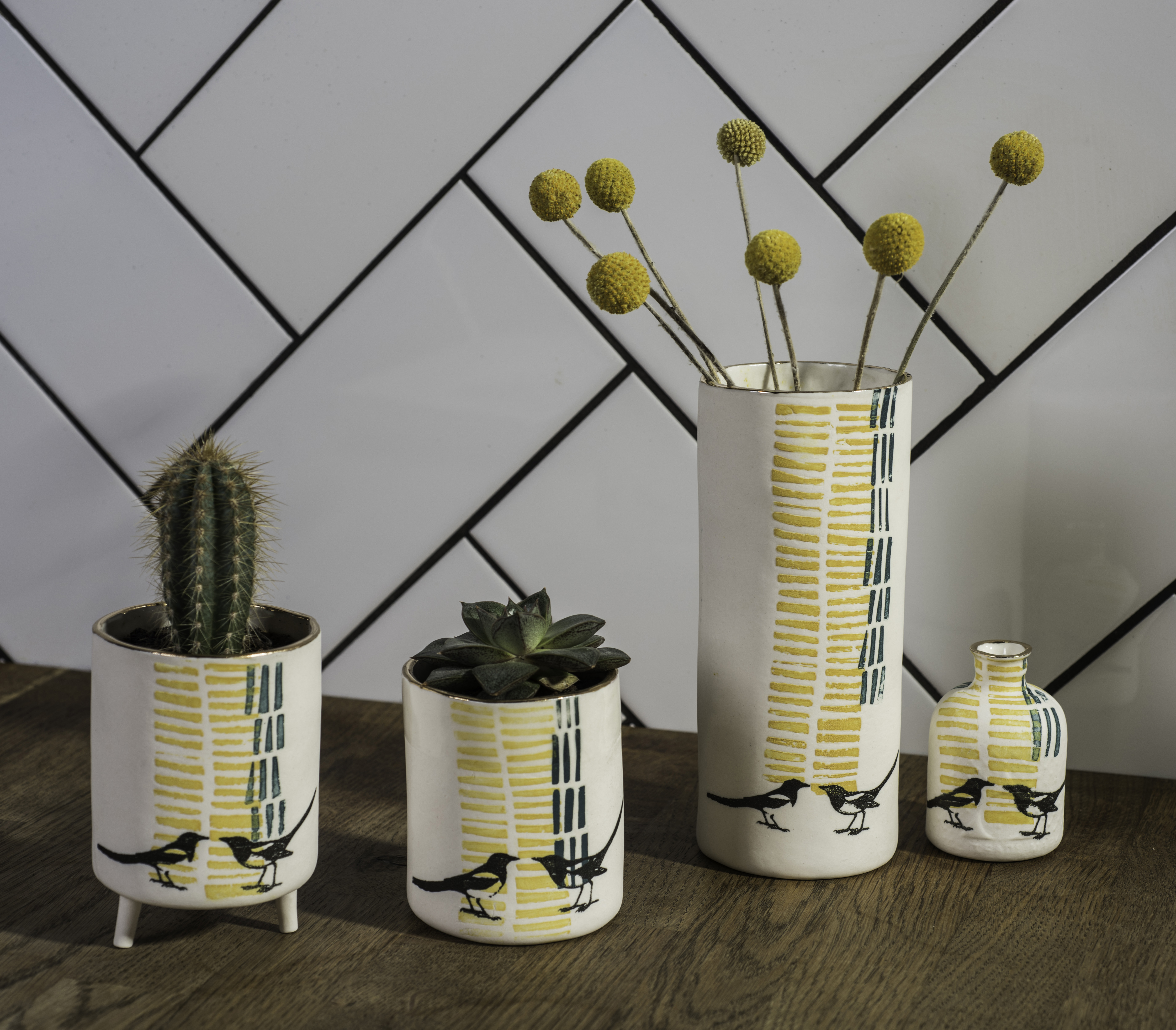 Turquoise and honey magpie vessels group